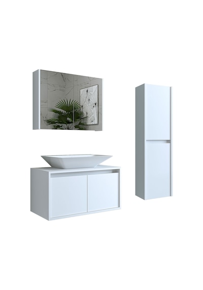 Banos Banyo Roomart Lavabolu Mat Beyaz Mdf 85 Cm Banyo Dolabı+Ayn Mat Beyaz