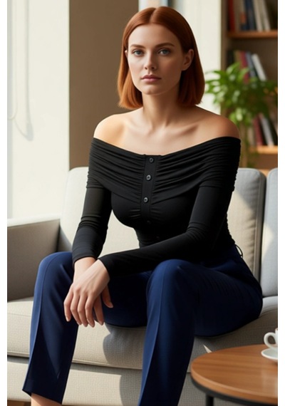Frm Kadın Off Shoulder Büzgülü Düğmeli Uzun Kollu Crop Üst Kaliteli Ş siyah