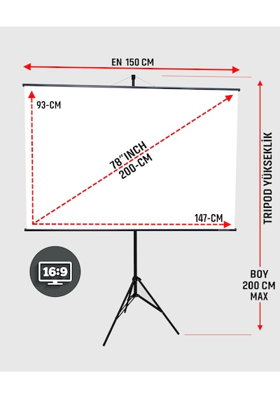 En150cm Boy95cm Projeksiyon Perdesi Tripodlu-ayaklı Taşınabilir