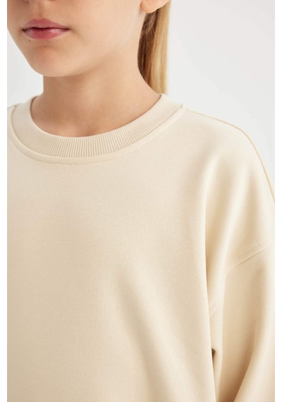 Defacto Kız Çocuk Relax Fit Bisiklet Yaka Pamuklu Basic Düz Okul Sweatshirt A2797A824AUBG286 Bej