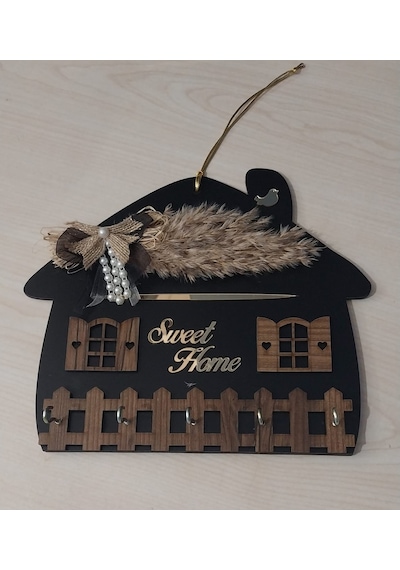 Sweet Home Siyah Ahşap Anahtar Askılığı Duvar Askılı Anahtarlık Siyah