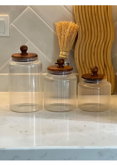3'lü Üçlü Lüks Çizgi Cam Desenli Top Kulplu Akasya Vakum Kapaklı Baharat Takım Çok Renkli