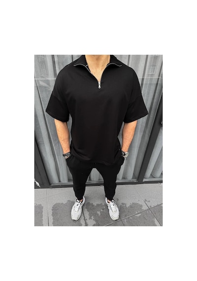 Erkek Yarım Fermuarlı Kısa Kol T-shirt - Siyah