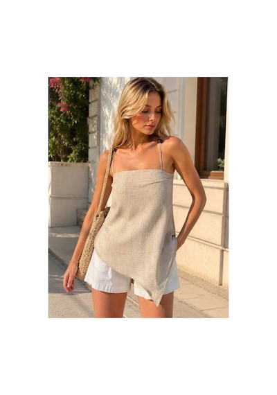 Meridefashion Bej İnce Askılı Asimetrik Bluz Hafif Kumaşlı Yazlık Kadın Üst M