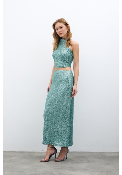 Sateen Fermuarlı Karolin Midi Etek - Mint-135350 Mint