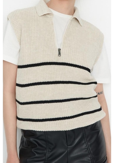 Ersefa Stil Modern Kadın Regular Standart Kol Polo Yaka Fermuarlı Çizgil Bej