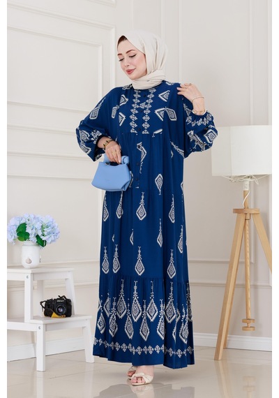 Sevitli Yarım Düğmeli Robalı Eslem Elbise-indigo-5186 İndigo