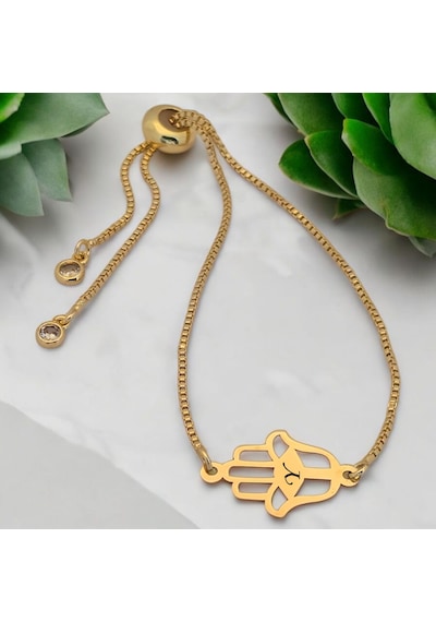 Y Harfine Özel Hamsa Motifli 14 Ayar Altın Plakalı Zincirli Hediye Bileklik-497harf Y