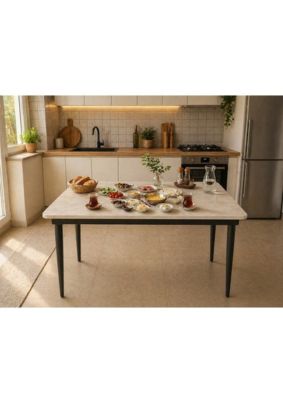 Yemek Masası- Traverten Mdf Metal Ayaklı Yemek Masası 68x108 Cm Bej Yemek Masası- Traverten Mdf Metal Ayaklı Yemek Masası 68x108 Cm Bej