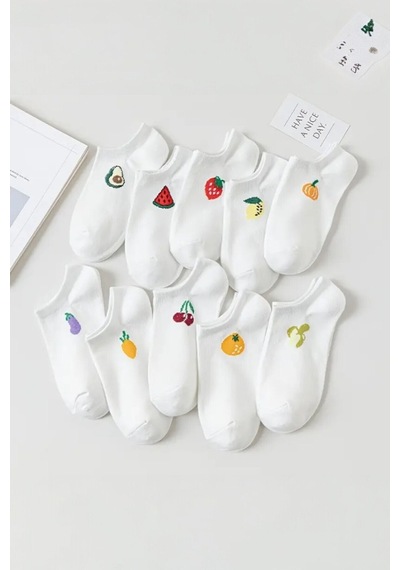 Hitit Socks Kadın 10 Çift Premium Kalite Pamuklu Meyve Desenli Babet Çorap Beyaz