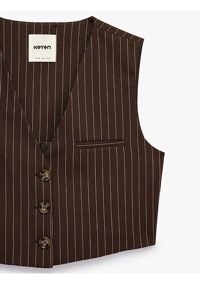 Koton V Yaka Düğmeli Çizgili Crop Blazer Yelek Kahverengi Çizgili 7wak20007pw