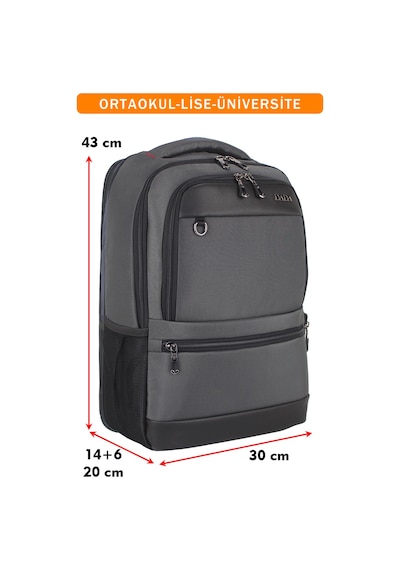 Körüklü Gri Okul Sırt Çantası Lise Üniversite Unisex Su Geçirmez Kumaş 14"-15,6" İnç Gri