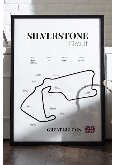 Silverstone Formula 1 Siyah Ahşap Çerçeveli Poster, Dekoratif Harita Duvar Tablosu