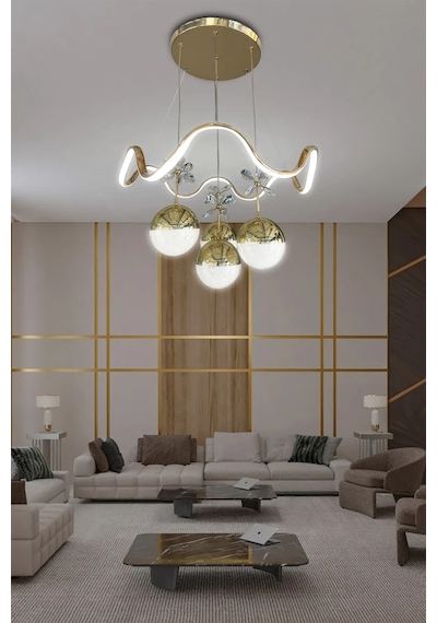 Zikzak 4 Toplu Modern Sarkıt Led Avize - 3 Renk Kumandasız - Gold Gold