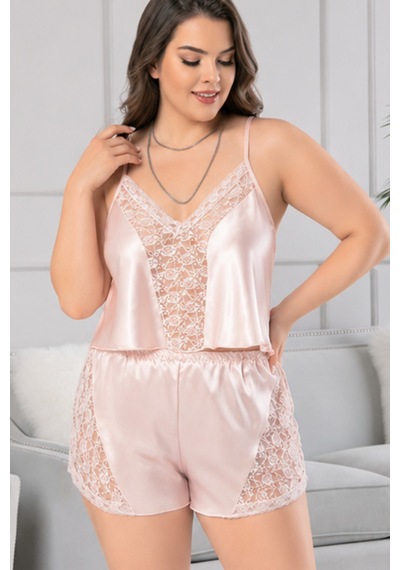 Loule Büyük Beden Somon İnce Askılı Dantelli Şortlu Pijama