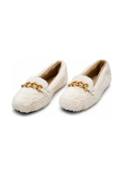 Modafocus Beyaz Kadın Taşlı Gold Zincir Detaylı Peluş Ev Babeti Kışlık Rahat Terlik Beyaz Beyaz