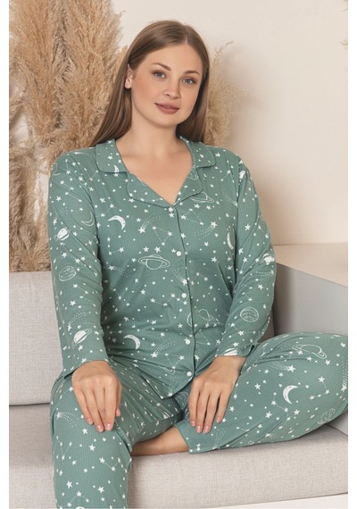 Büyük Beden Bordo Kalp Desen Ultrasoft Uzun Kollu Pijama Takımı Yeşil