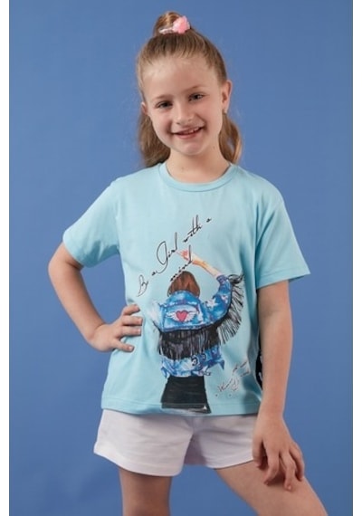 Lela Pamuklu Baskılı Püskül Detaylı Bisiklet Yaka Kız Çocuk T Shirt 6211020 Açık Mavi