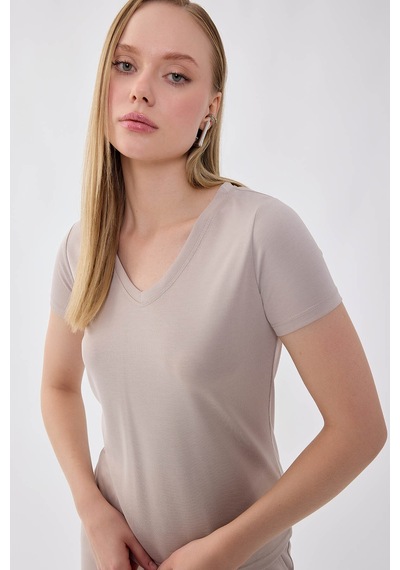 Vitrin V Yaka Salaş Tişört Bej