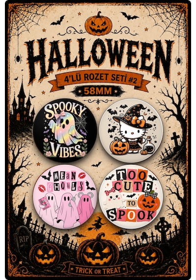 Mashspot Halloween 4'lü 58 Mm Rozet Seti 2 Cadılar Bayramı Temalı Kawaii Kedi Hayalet Rozet Çanta Mont Ceket Aksesuarı Çok Renkli
