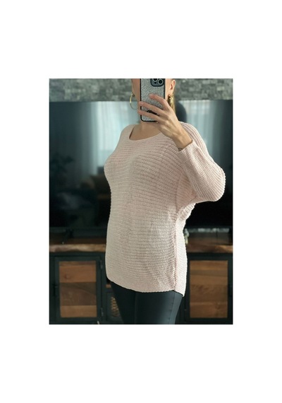 Wellway Kayık Yaka Simli Kumaş İnce Triko Kazak-pembe Pembe