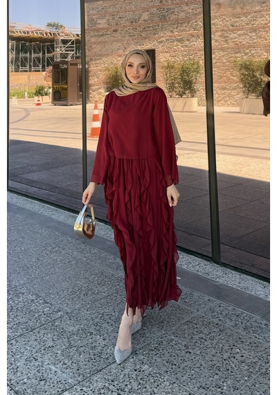 Riella Butik Mirel Volanlı Tesettür Takım Kırmızı