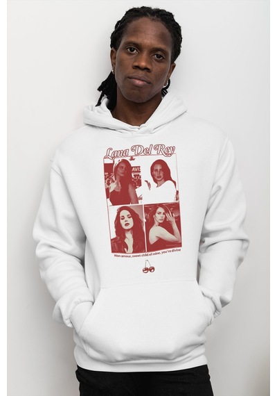 Sevbano Tasarım Lana Del Rey Baskılı Unisex Oversize Şarkıcı Hoodie beyaz