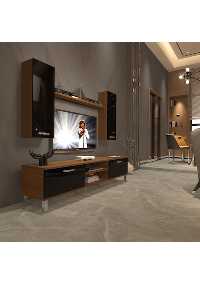 Decoraktiv Eko 5d Mdf Dvd Krom Ayaklı Tv Ünitesi Tv Sehpası Ceviz - Siyah