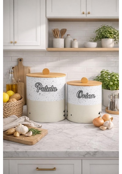 Bambu Kapaklı Metal Patates Soğanlık Krem Taş Desenli Decorev Dc 7099 Krem