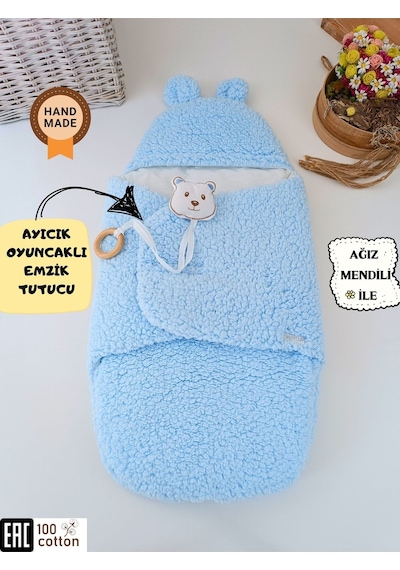 Peluş Bebek Dış Kundağı Oyuncaklı Uyku Tulumu Hastane Çıkışı Hediyelik Sarma Battaniye Mavi