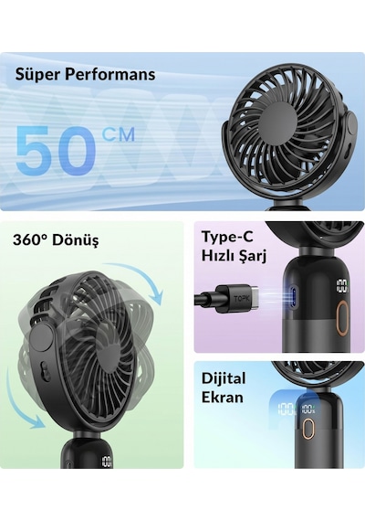 Warmco K70 Taşınabilir Şarjlı El Vantilatörü 2400mah 360 Döner Başlıklı Ve Standlı Dijital Ekranlı Soğutucu Fan Siyah