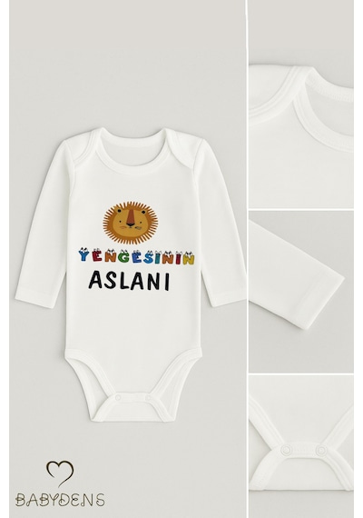 Babyden's Yengesinin Aslanı Yazılı Bebek Zıbını % 100 Pamuk Unisex Uzun Kollu Çıtçıtlı Body Beyaz