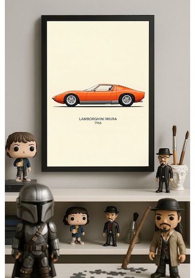 Lamborghini Miura Siyah Ahşap Çerçeveli Poster, Dekoratif Araba Duvar Tablosu
