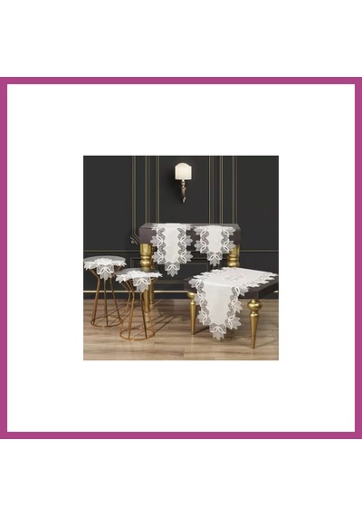 Gees Global Salon Takımı Kayla Model Krem-gümüş Keten Masa Örtüsü Runner Seti No 22252 5 Parça Gbzs
