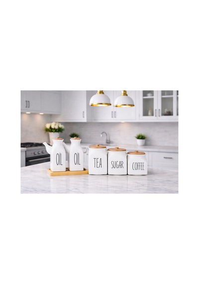 6 Parça Bambu Standlı Kare Porselen 1000ml Yağdanlık Ve 3 Lü Tea Sugar Coffe Kavanoz Seti Beyaz Beyaz
