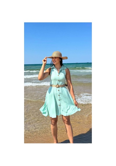 Moda Banuş Su Yeşili Kemerli Kısa Elbise-tam Kalıp Turkuaz