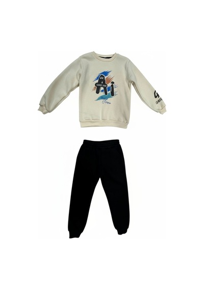 Fesshera Kids Erkek Çocuk Eşofman Takımı Baskılı Sweatshirt Ve Siyah Jogger Alt Pamuklu Kışlık Takım Bej Fesshera Kids Erkek Çocuk Eşofman Takımı Baskılı Sweatshirt Ve Siyah Jogger Alt Pamuklu Kışlık Takım Bej