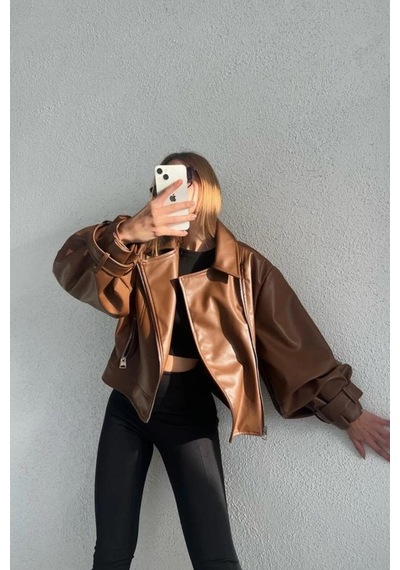Mavifidesign Kadın Taba Oversize Deri Ceket Taba Taba