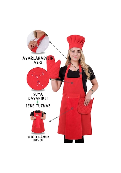 Star Ayar Askılı 5li Mutfak Önlüğü Seti Ayar Askılı Havlulu Önlük, Şapka, Eldiven, Tutacak Kırmızı-kırmızı-kırmızı