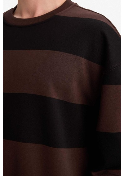 Defacto Boxy Fit Bisiklet Yaka Çizgili Sweatshirt A9066ax25aubn192 Kahve-bn192