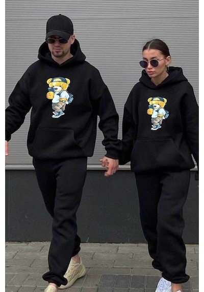 Medinenur Just Be Cool Baskılı Çift Sevgili Kombini Tasarım Sweatshirt Siyah