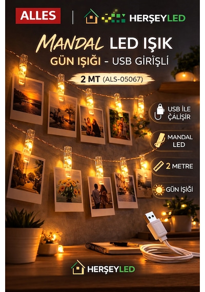 Mandal Led Işık Gün Işığı - Usb 2 Mt Gün Işığı