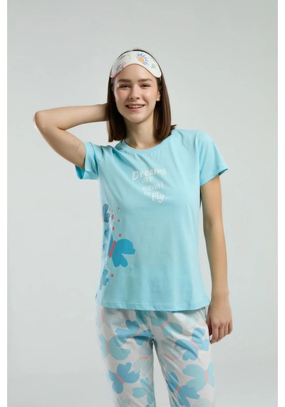 Rolypoly Kadın Mavi Kısa Kol Pijama Takım Mavi