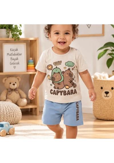 Candar Capybara Baskılı Şortlu Bebek Takımı 9/24 Ay Krem