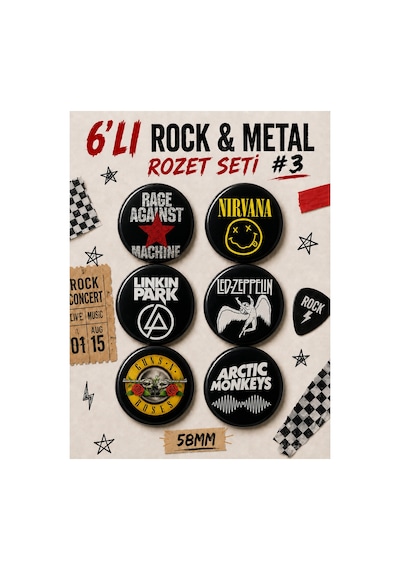 6 Lı Rock & Metal Rozet Seti 3 58mm Nirvana, Linkin Park, Led Zeppelin, Guns N Roses, Arctic Monkeys, Rage Against The Machine Çok Renkli