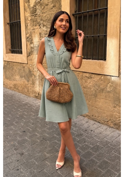 Armonika Kadın Mint V Yaka Yakası Fırfırlı Önden Düğmeli Beli Kuşaklı Midi Boy Elbise Arm-26y001089 Armonika Kadın Mint V Yaka Yakası Fırfırlı Önden Düğmeli Beli Kuşaklı Midi Boy Elbise Arm-26y001089