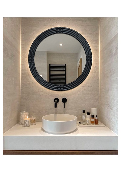 Led Işıklı Safir Siyah Dekoratif İşlemeli Banyo Duvar Aynası 56cm Siyah