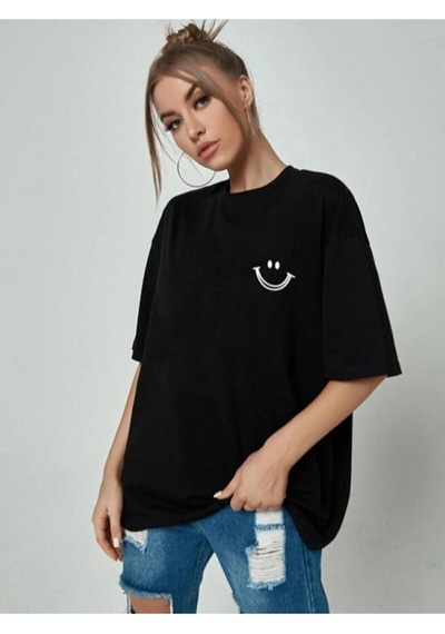 Startmore Kadın Siyah Smile Baskılı Oversize Bisiklet Yaka Kısa Kollu Tişört Siyah