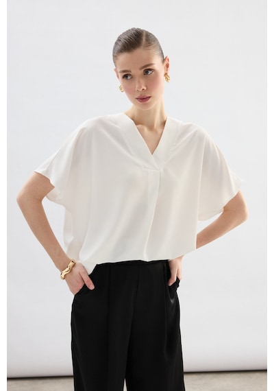 Sateen Geniş Kısa Kollu Bluz - Ekru-136761 Ekru