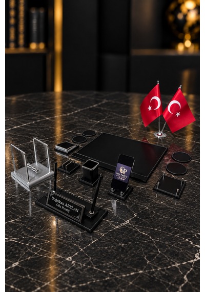 13 Parça Masa İsimlik Seti Kişiye Özel Çift Kalemli Newton Denge Toplu Ofis Sümen Takımı Siyah
